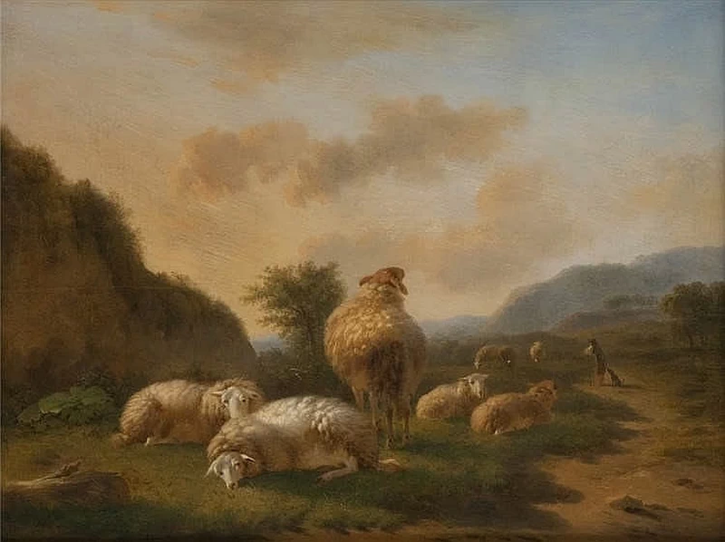 Balthasar Ommeganck - Paesaggio collinare con pecore e pastore su una strada rurale
